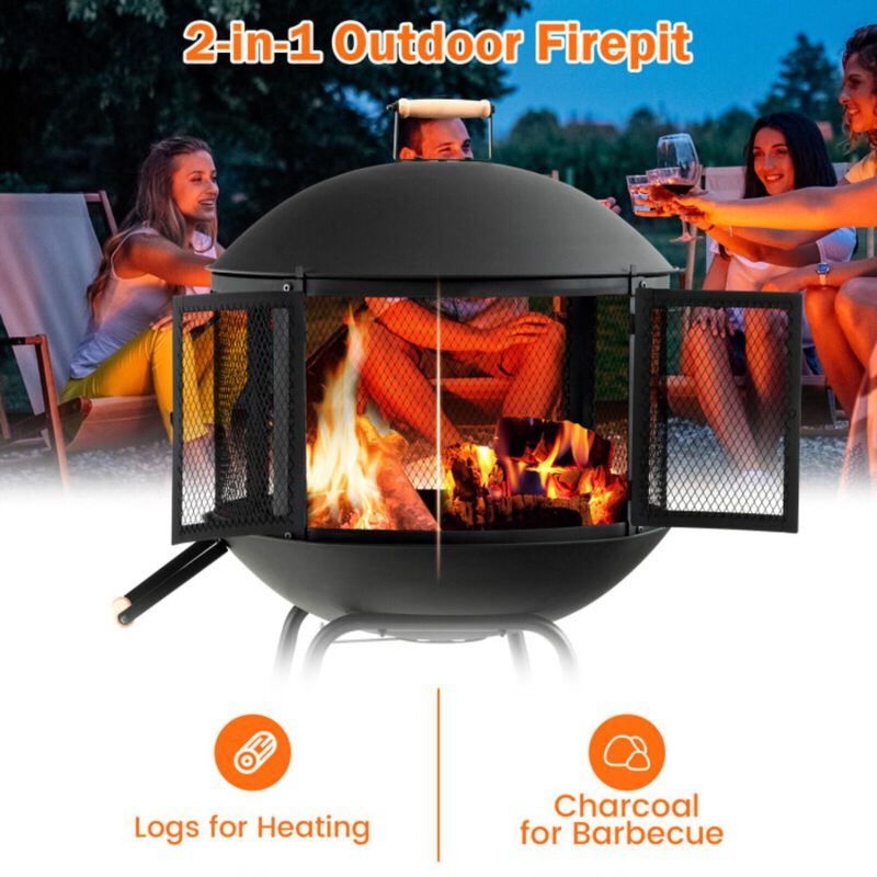 Hivvago 28 Inch Portable Fire Pit on Wheels with Log Grate-Black