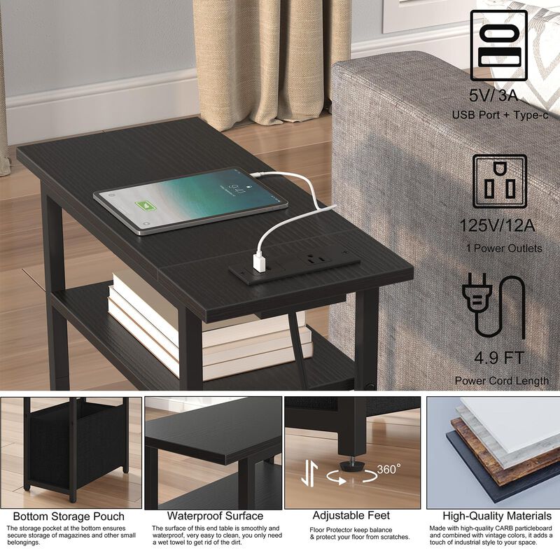 sthmec Narrow Side Table with Charging Station, Small End Table for Small Spaces, Skinny Nightstands with Storage Basket, 3 Tier