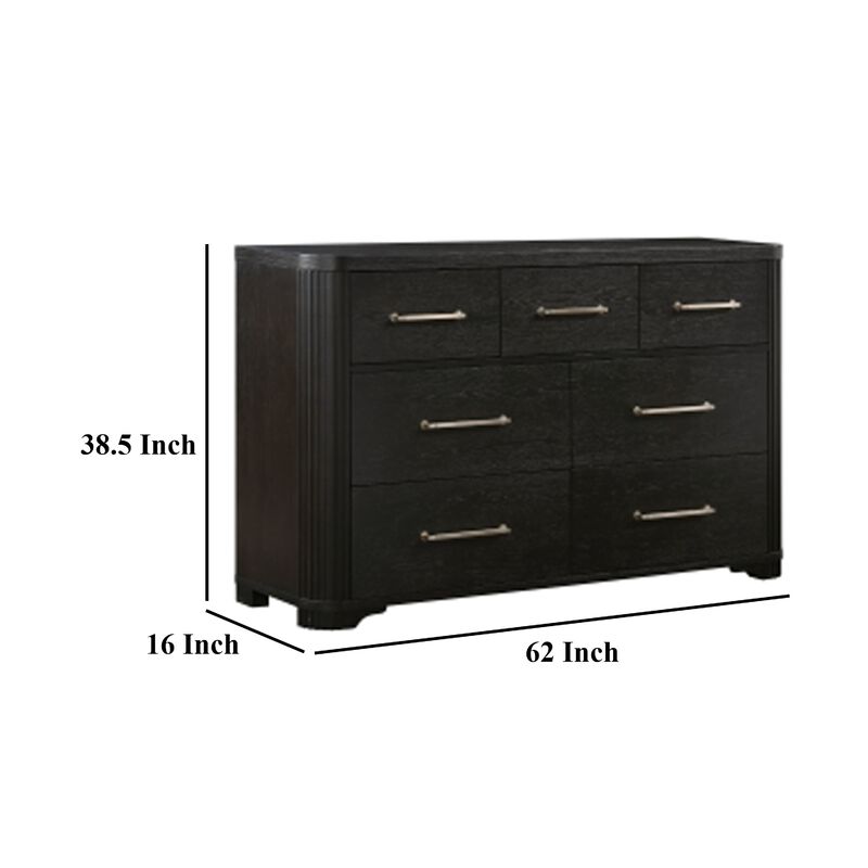 Chas 62 Inch Dresser, 7 Drawers Brass Bar Handles, Charcoal Black Wood - Benzara