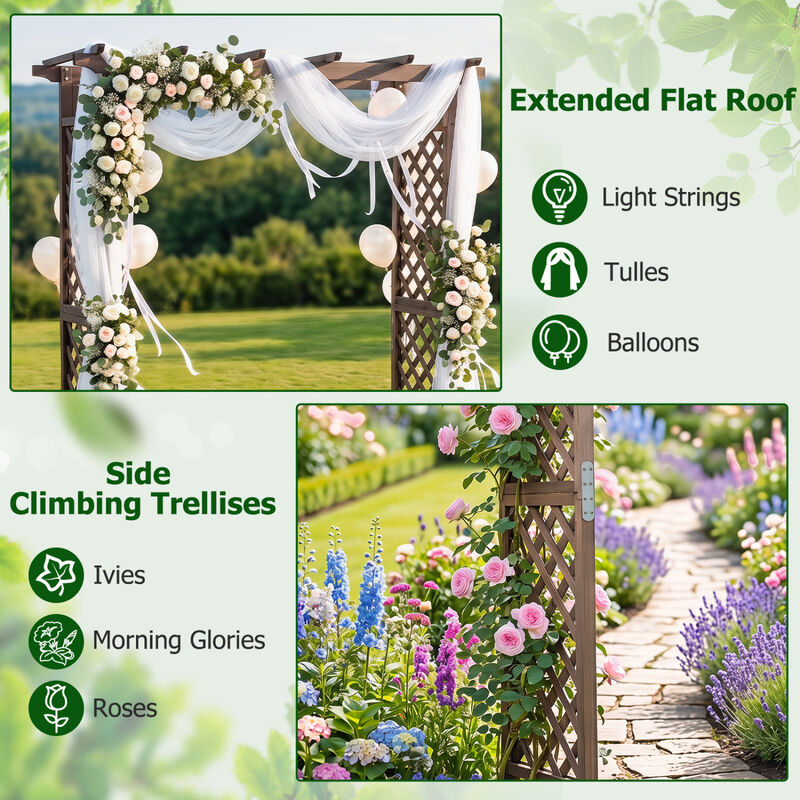 85 Inch Wooden Garden Arch with Gate for Climbing Plants and Weddings image number 6