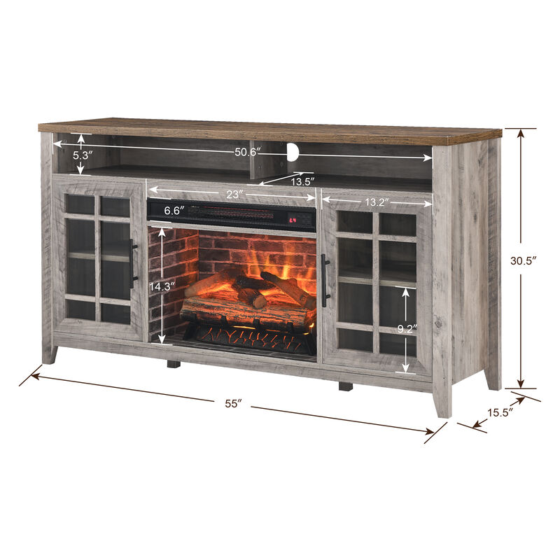 55 Inch TV Media Stand with Electric Fireplace KD Inserts Heater, Gray Wash Color image number 8