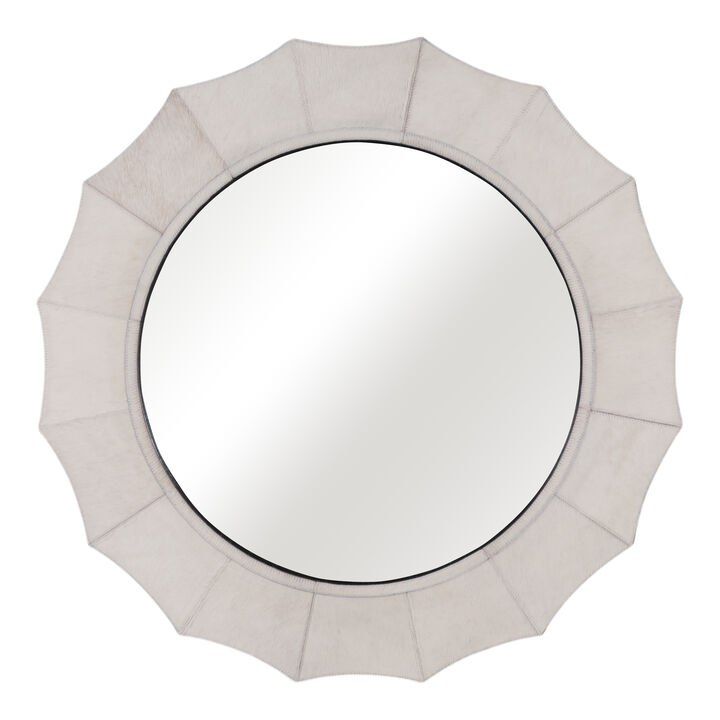 42x42" Inverted Scallop Hair On Hide Mirror, Ivory