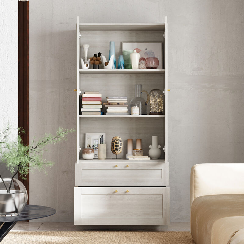 FUFU&GAGA Modern White Bookcase with Adjustable Shelves and Spacious Storage (31.5" W x 70.9" H x 15.7" D), Wood Grain Finish with Brass Pull Handles