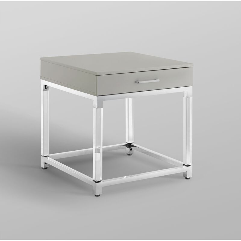 Inspired Home Kalel High Gloss 1 Drawer End Table with Acrylic Legs Stainless Steel Base