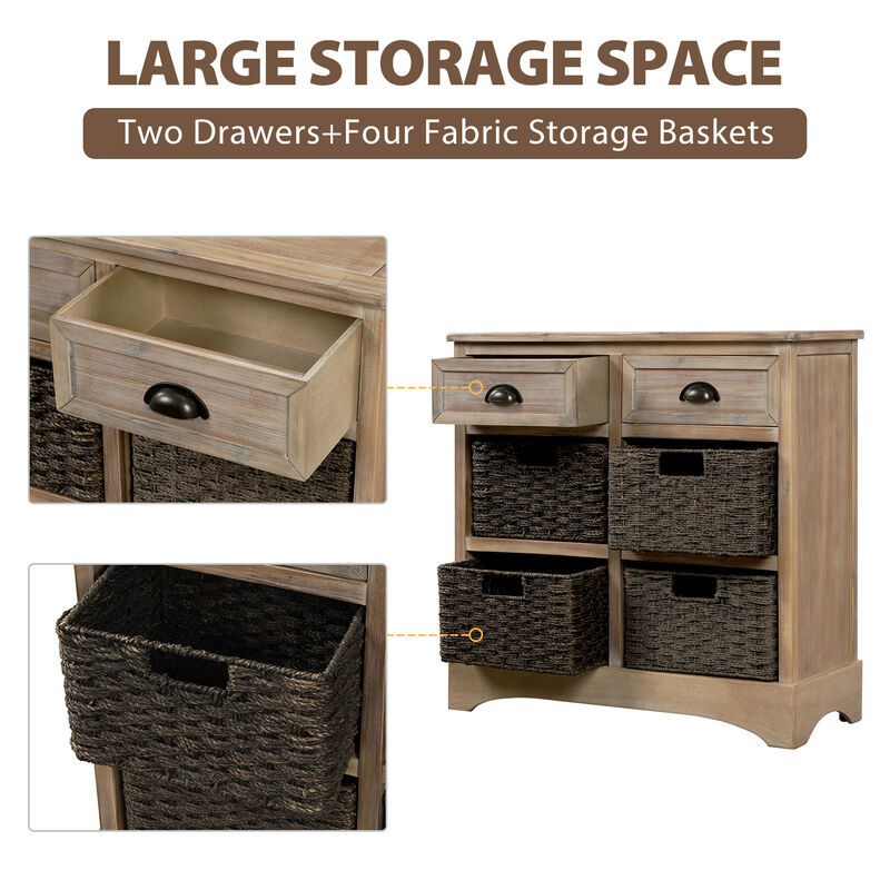 Rustic Storage Cabinet with Two Drawers and Four Classic Rattan Basket for Dining Room/Living Room (Brown Gray)