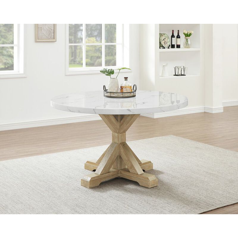 Best Quality Furniture 5Pc Faux Marble Table With 4 Rustic Beige Fabric Side Chairs