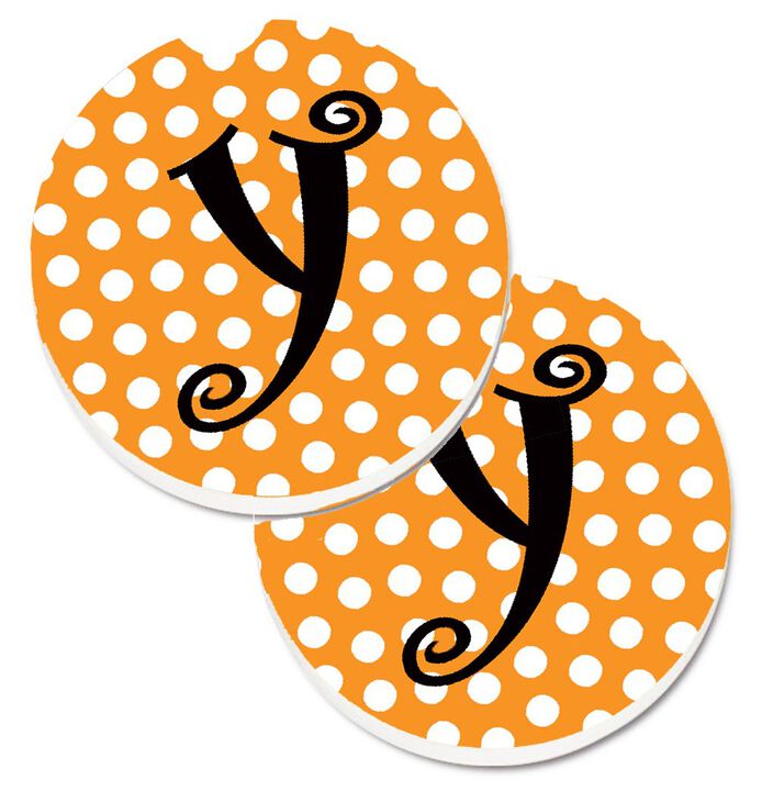 Caroline's Treasures Monogram Initial Y Orange Polkadots Set of 2 Cup Holder Car Coasters CJ1033-YCARC, 2.56, Multicolor
