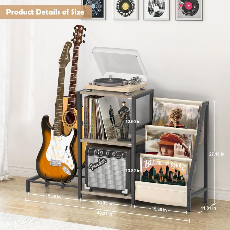 Bikoney Record Player Stand, Guitar Stand for Acoustic, Electric Guitar, Bass with Amp Stand, 3-Tier Vinyl Record Storage, Recor