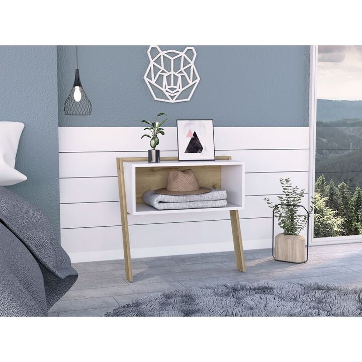 DEPOT E-SHOP Leticia Nightstand, Two Legs, One Shelf, Superior Top, Light Oak / White