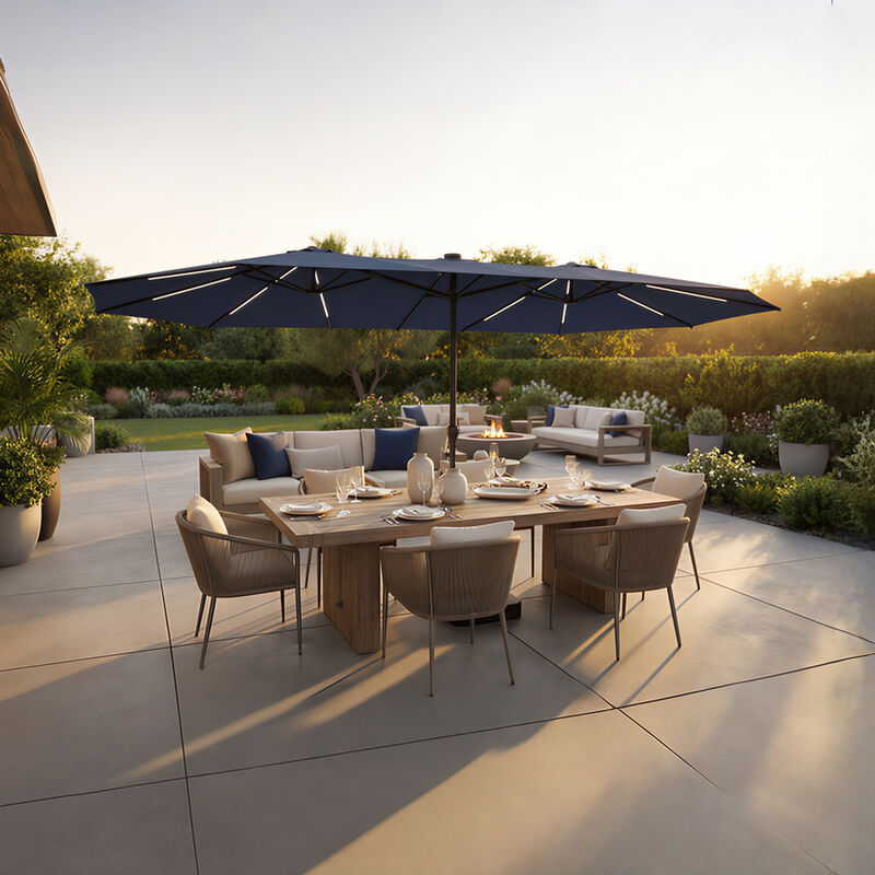 FUFU&GAGA 15-ft x 9-ft Navy Blue Large Outdoor Sunshade Double-Top Patio Umbrella with Solar Panel, Lights & Cross Tile Base, Adjustable Cantilever Umbrella image number 8