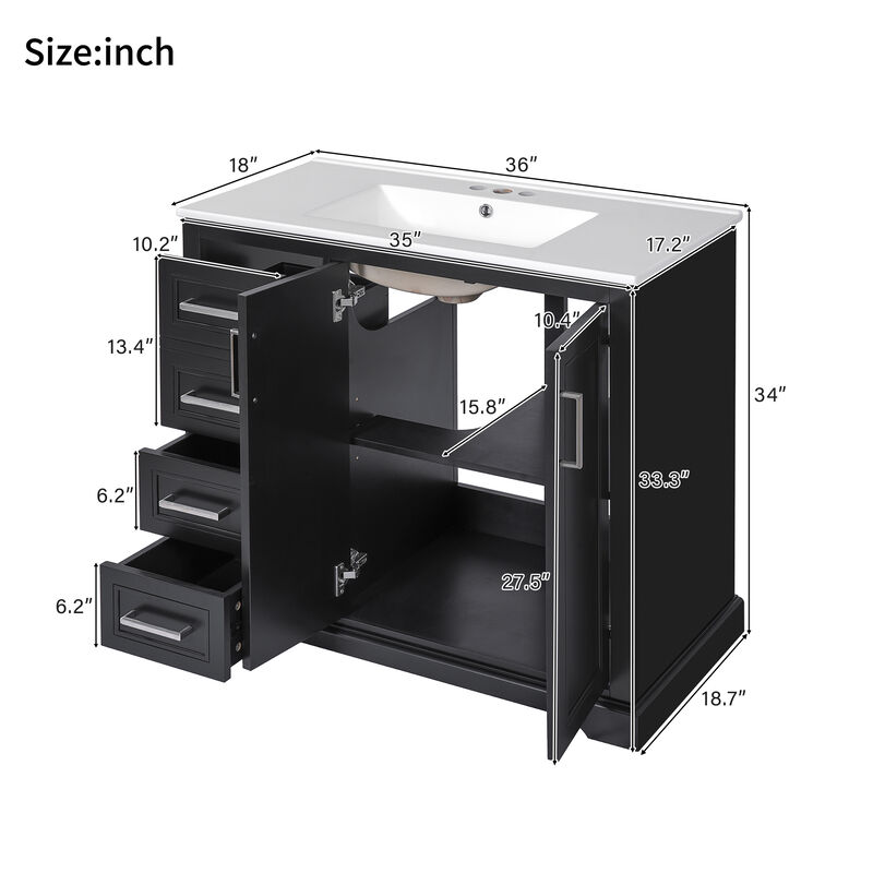 Whisen 36" Modern Bathroom Vanity with Ceramic Sink, Soft-Close Door, Adjustable Shelf & 3 Drawers
