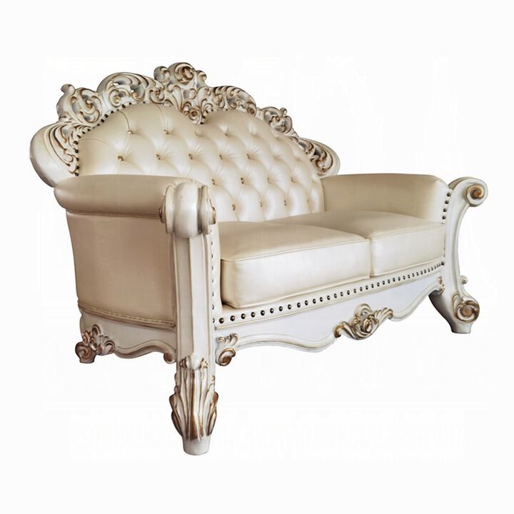 Antoine Loveseat, Carved, Champagne Faux Leather, Pearl White 70 Inch - Benzara - Benzara