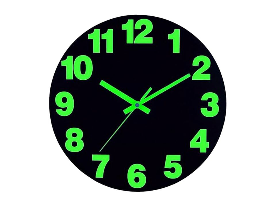 Vinyl Black Glowing Dark Fluorescent Wall Clock 12 Inch Silent Battery Operated