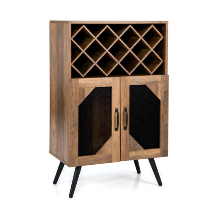 Hivvago 2-Door Farmhouse Kitchen Storage Bar Cabinet with Wine Rack and Glass Holder-Rustic Brown