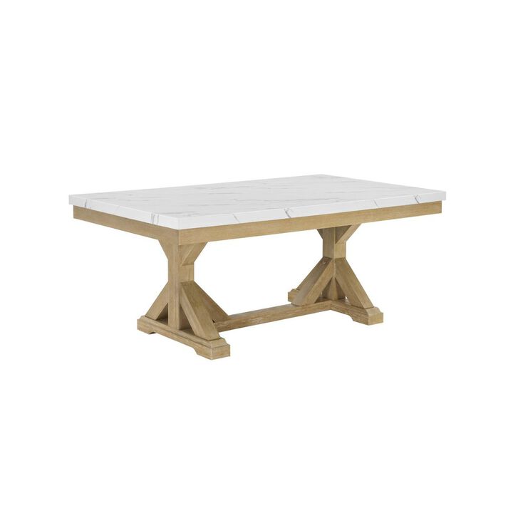 Best Quality Furniture Faux Marble Top Dining Table With Rustic Beige Wood Base