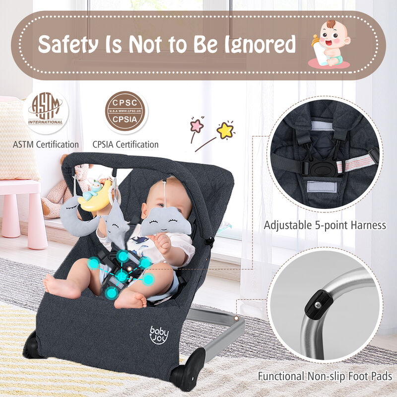 Foldable Baby Bouncer with Removable Fabric Cover and Toy Bar for Comfort and Entertainment