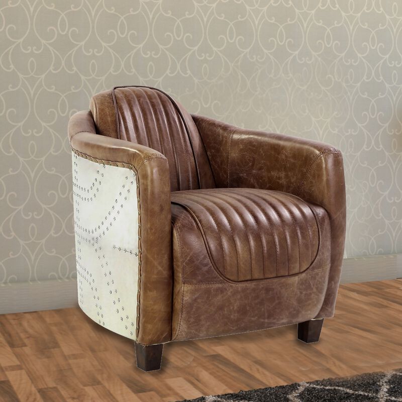 Faux Leather Upholstered Chair Wooden with Aluminium Patchwork, Brown and Silver image number 1