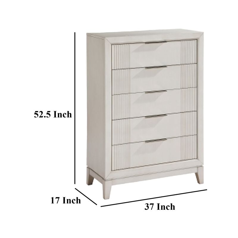 Flo Tall Dresser Chest, 5 Drawers, Antique White Wood, Chrome Handles