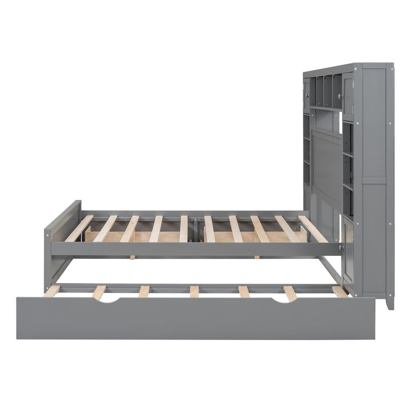 Whisen Modern Design Full Size Wooden Bed With All-in-One Cabinet, Shelf and Twin Size Trundle - White