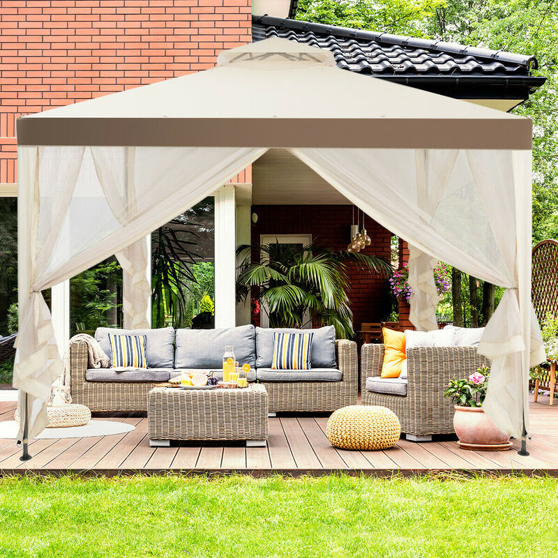 Outdoor Patio Gazebo with Insect Netting and Ventilated Double-Tier Roof