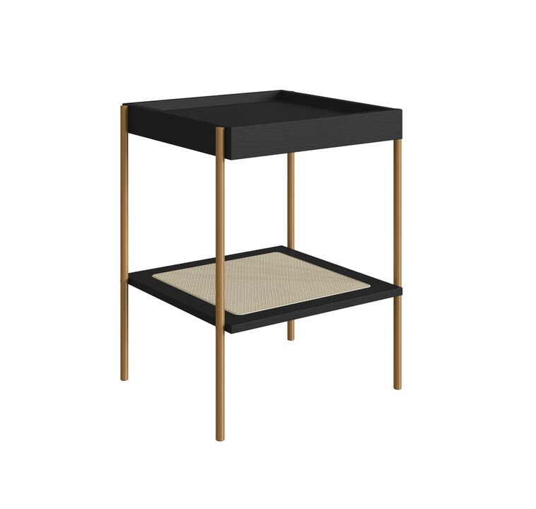 Boho Side Table  Iron Gold Legs and Rattan Accent End Table-Nero Black