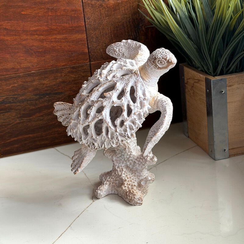 Sea Turtle Statue Whitewash Coral Look Polyresin Coastal Decor 7 In Tall image number 7