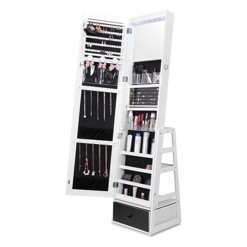 360&deg; Swivel Jewelry Cabinet with Full-Length Mirror, Freestanding Storage Armoire