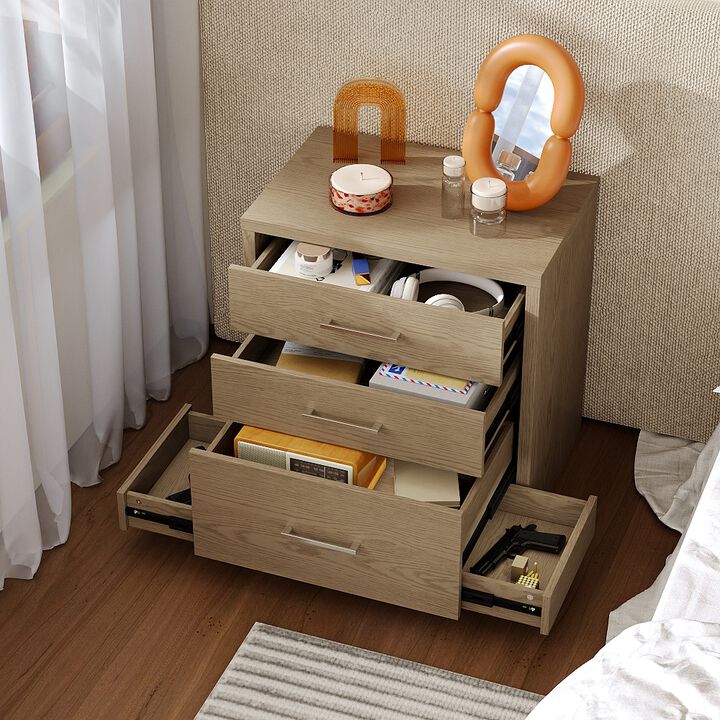 FUFU&GAGA Thickened 3-Drawer Nightstand with Hidden Storage, Bedside Table & Desk Side Cabinet, Textured Wood Grain, Silver Metal Brushed Handles (24.8 in. W x 23.6 in. D x 15.7 in. H), Khaki Brown