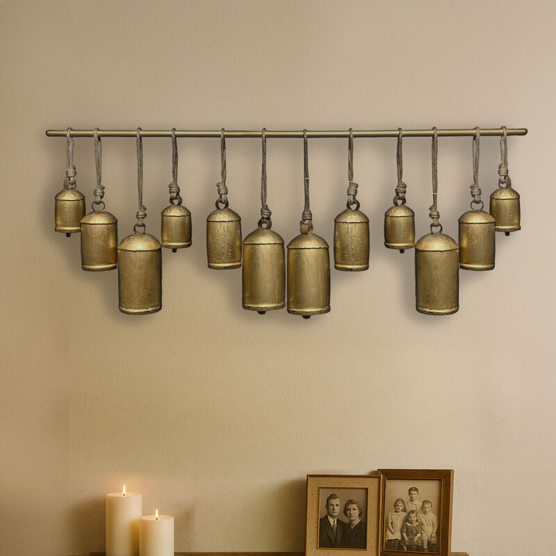 Neyra Iron Cow Bells Wall Decor 48 Inch Wide Decorative, Antique Gold Finish, Jute Hanging Rope image number 5