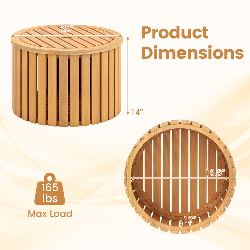 Outdoor 2-in-1 Side Table with Acacia Wood Slatted Coffee Table and Round End Storage Box-Natural image number 2