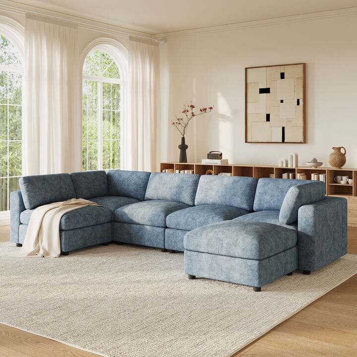 Merax Chenille 6-Piece Modular Sectional Sofa with Movable Ottoman