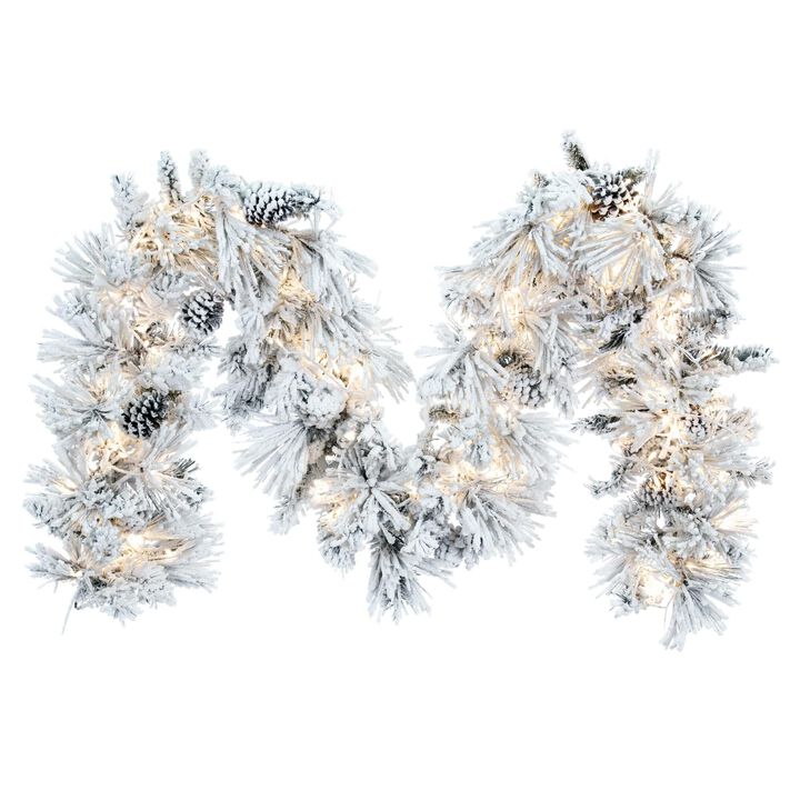 Vickerman 9' x 14" Flocked Atka Artificial Christmas Garland, Warm White Wide Angle 3mm Low Voltage LED Lights. - Faux Flocked Christmas Garland - Indoor Seasonal Home Decor