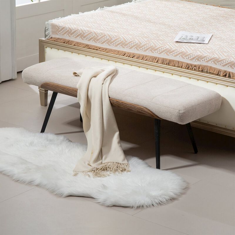 Glamour Home Beige Washed Woven Fabric Bench White Washed Wood Accents and Black Iron Legs