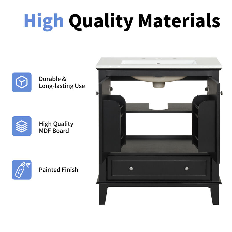 Whisen 30" Bathroom Storage Cabinet Bathroom Vanity with Ceramic Sink and Adjustable Shelf