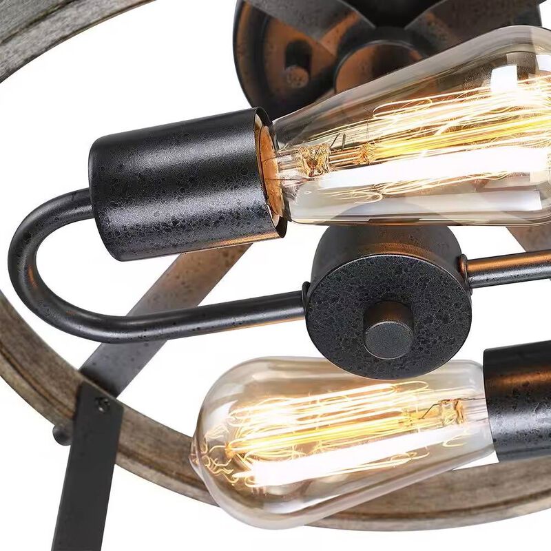 Semi-Flush Mount 2-Light Ceiling Lamp with Round Metal and Wood Farmhouse Design