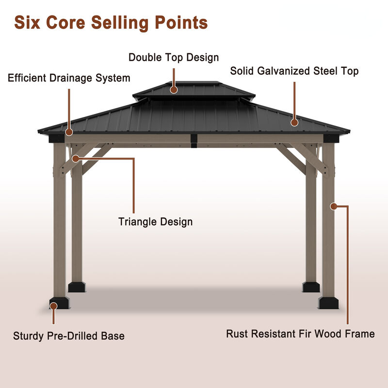 MONDAWE 10 ft. x 12 ft. Outdoor Cedar Wood Frame Outdoor Gazebo Galvanized Steel Hardtop Canopy Outdoor Shade for Deck Garden Concrete Platform