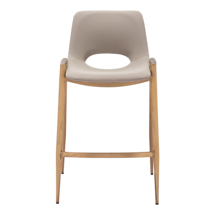 HomeRoots Set of Two 26" Beige And Gold Faux Leather And Steel Low Back Counter Height Bar Chairs