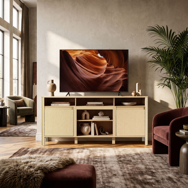 68" Farmhouse Natural Wood Fluted Door TV Stand Media Console Storage Cabinet for TVs up to 75" image number 2