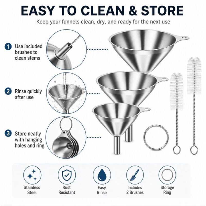 Stainless Steel Kitchen Funnel Set with Cleaning Brushes image number 2