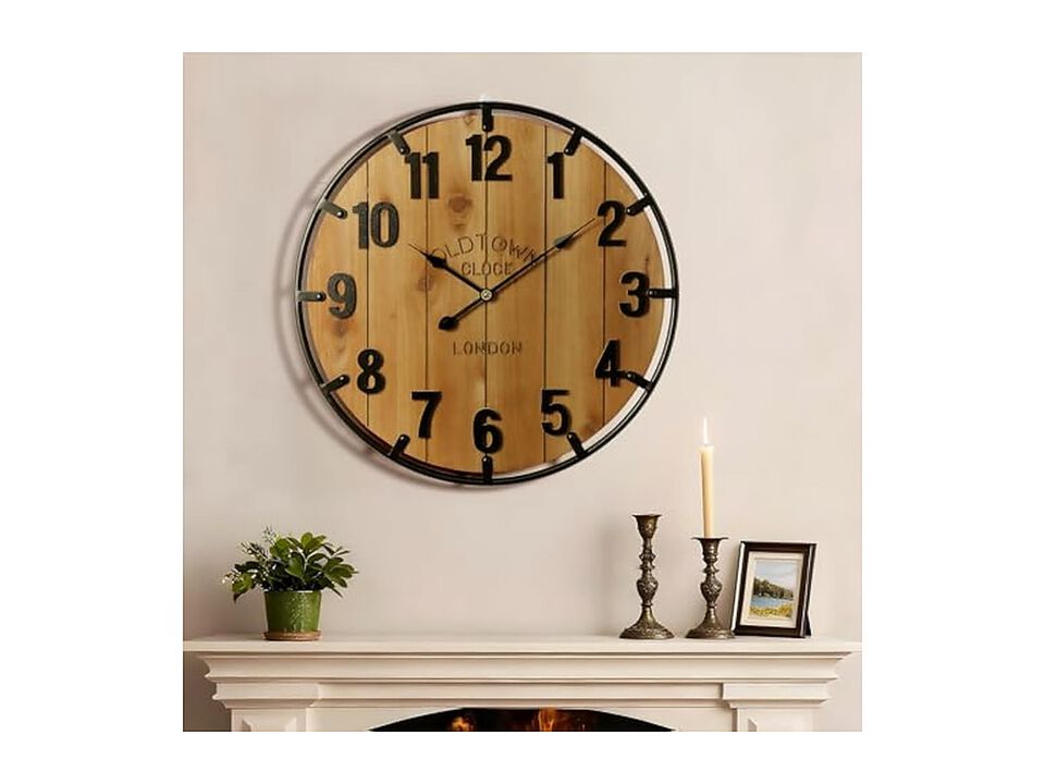 Farmhouse Metal Circle Wood Bedrooms Wall Clock 24 Inch Silent Battery Operated