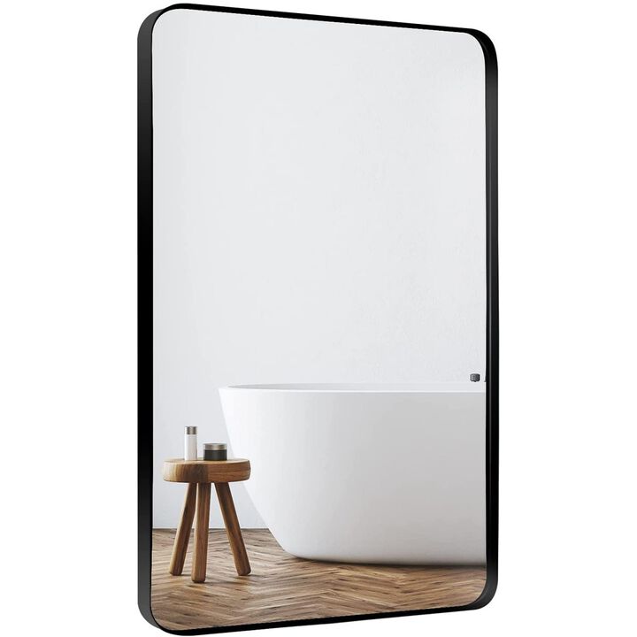 Wall Mount Mirror for Bathroom, Brush Black Metal Framed Rounded Corner Rectangular Vanity Mirror (22" x 30", Black)