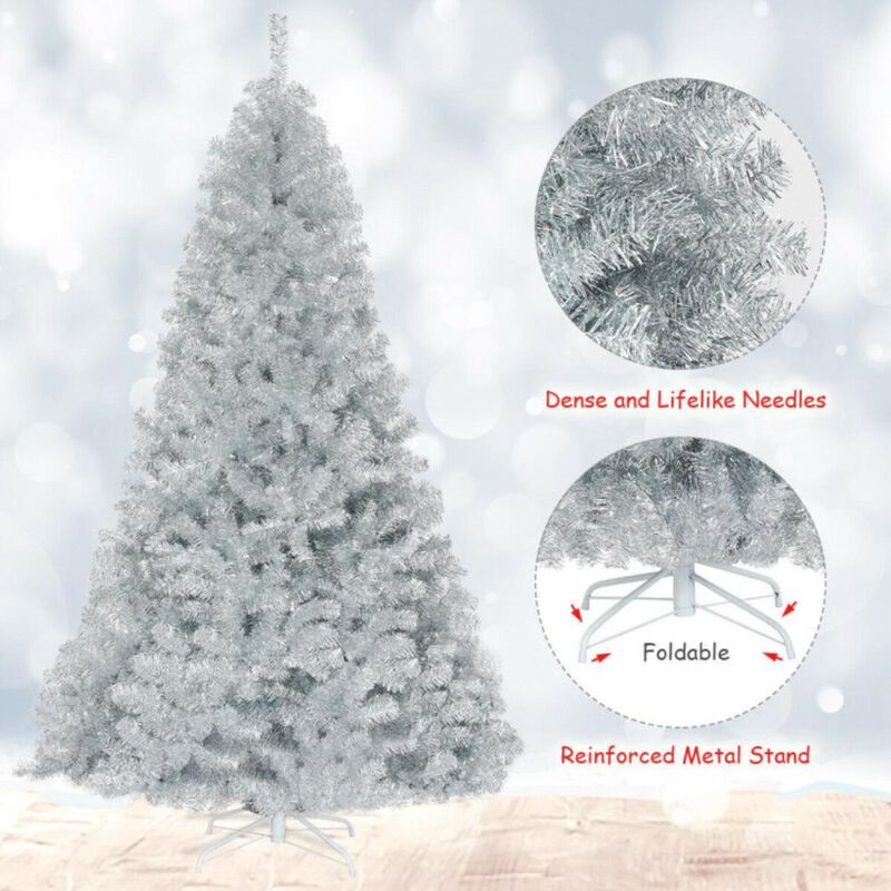 Hivvago 7.5 Ft Hinged Unlit Artificial Silver Tinsel Christmas Tree