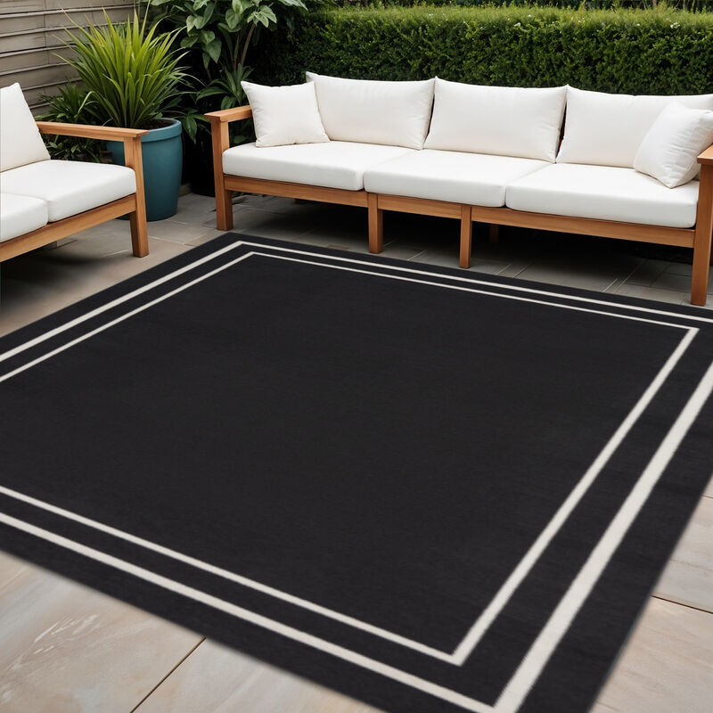 HomeRoots 5' Black And Ivory Square Indoor Outdoor Area Rug image number 1