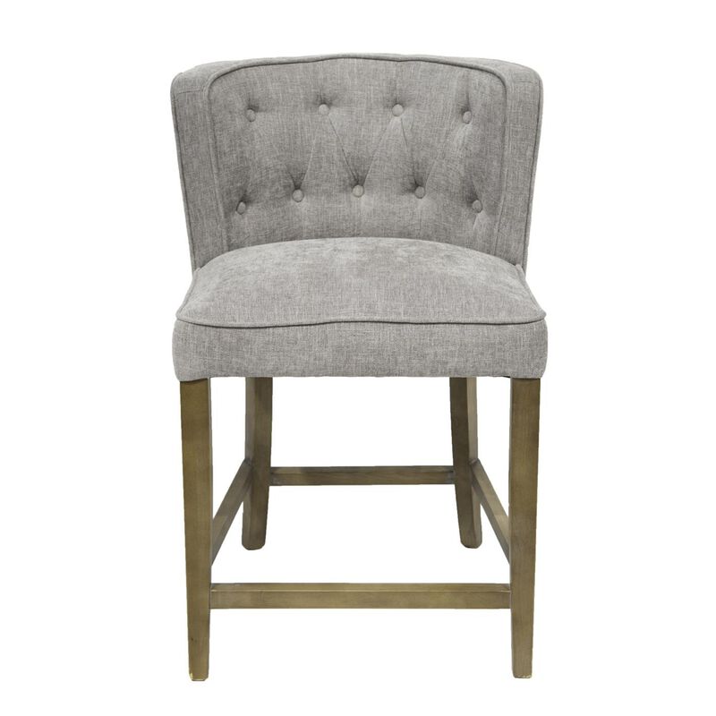 Cly Counter Stool Chair, Soft Light Gray Fabric, Graywash Solid Wood