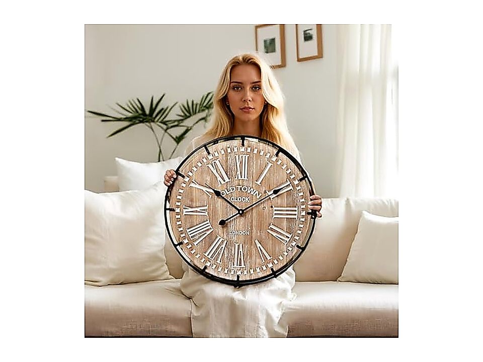 24 Inch Grand Farmhouse Wall Clock Vintage Inspired Wood Metal Design Large