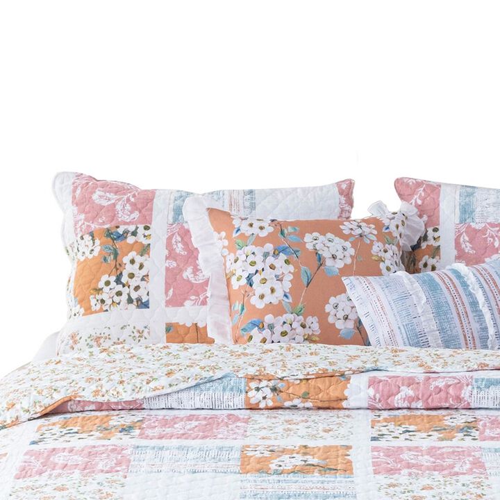 2pc Twin Quilt and Pillow Sham Set, Patchwork, Multicolor Floral, Stripes - Benzara
