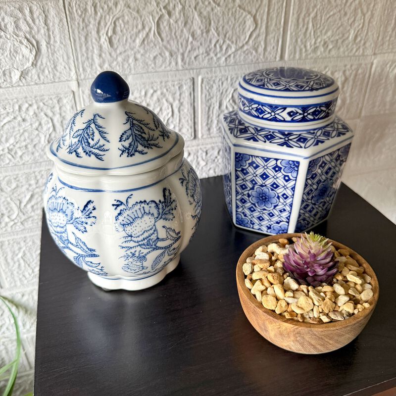 Decorative Jars Set Of 3 Blue White Chinoiserie Porcelain Lidded 675 In image number 7