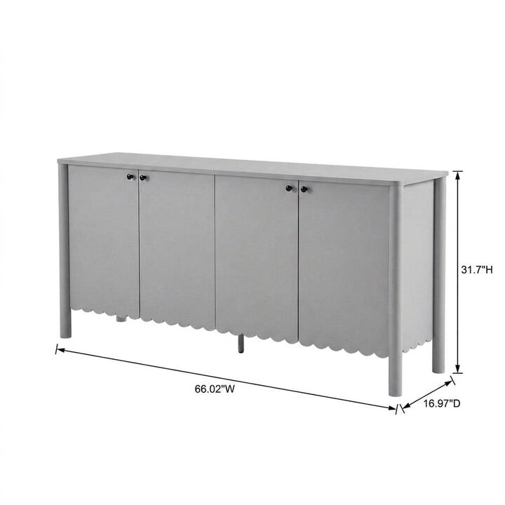 Wooden Scalloped 4-Door Sideboard Buffet Cabinet with Storage, Light Gray