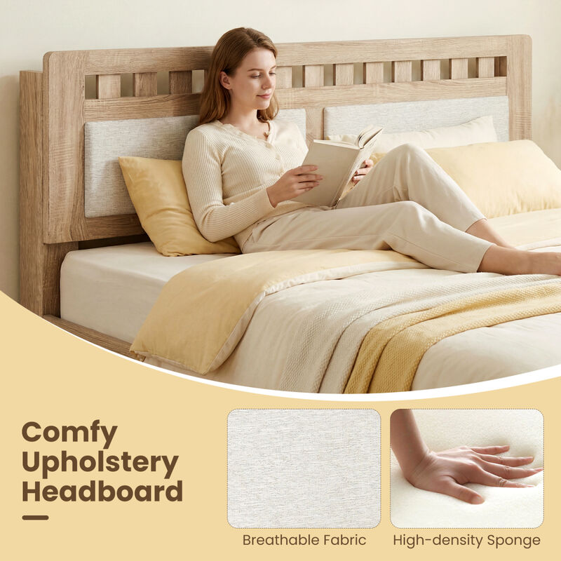 Modern Wood Bed Frame with Upholstered Headboard for Home Bedroom-Natural image number 5