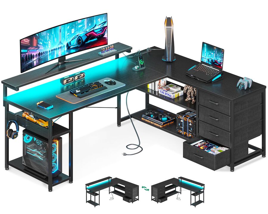 AODK 61 L Shaped Desk with Drawer, Computer Desk with Power Outlets & LED Lights, Reversible Corner Gaming Desk for Home Offic